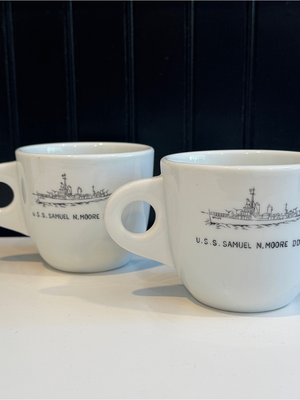 Vintage U.S.S. Samuel N. Moore DD747 White Ceramic Navy Ship Mugs - Set of 2
